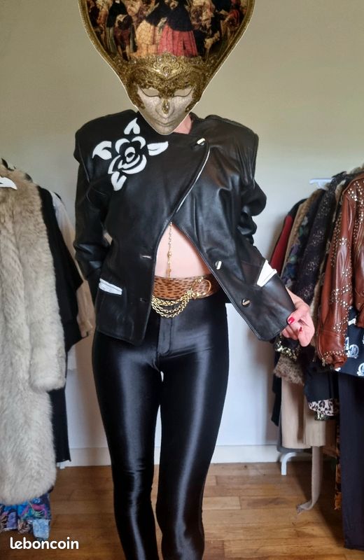 Veste en cuir vintage 80's 90's cintrée col contrastant maroquinier taille M (image 5)