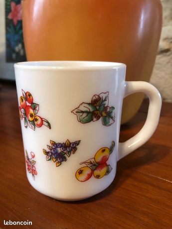 Mug Arcopal Vintage Motif Fruits - Made In France - Tasse Ancienne Blanc