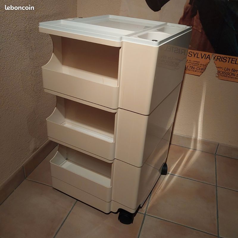 Meuble à Tiroirs Bobby Joe Colombo 3 Tiroirs - Blanc Cassé - Plexi - État Parfait