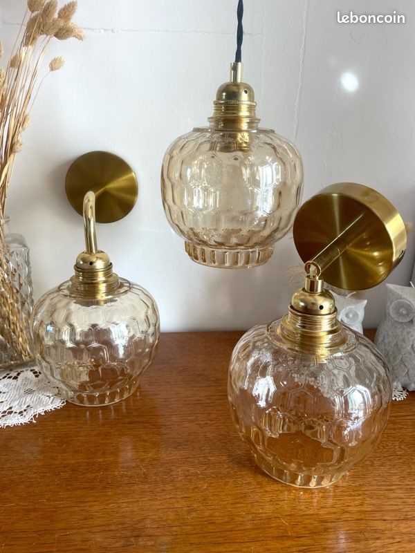 Suspension Murale Vintage En Verre Et Bois, Années 70