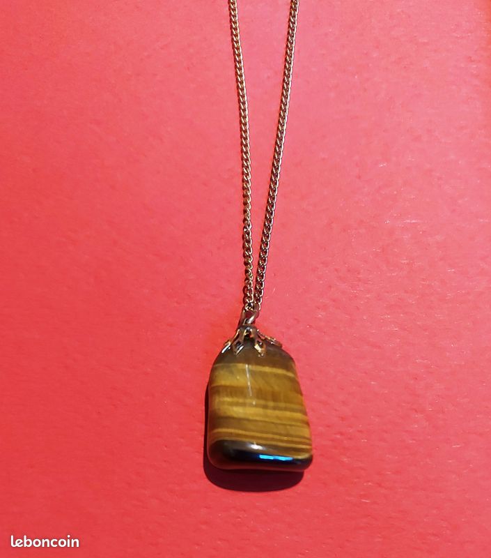 Bijou pendentif oeil du tigre plaqué or ? Collier n°12 chaine (image 1)