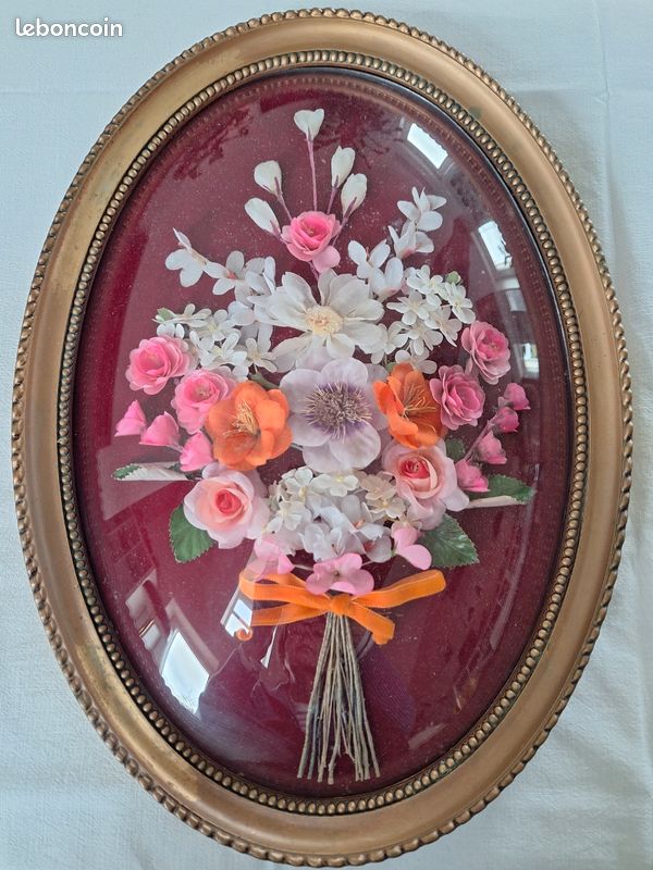 Broche Ancienne Ovale En Laiton - Bouquet Peint Sous Plastique - Bijou Vintage