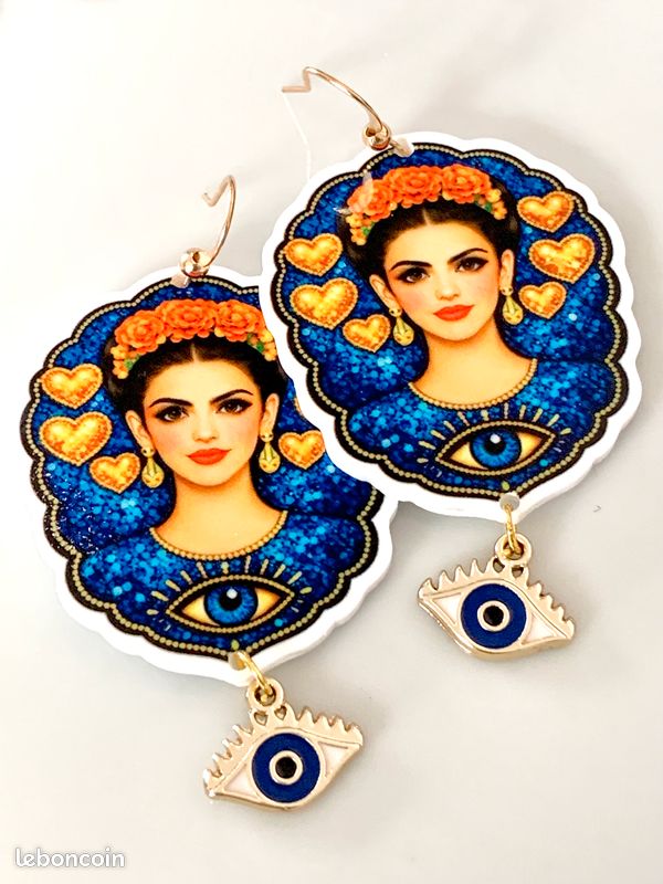 Boucles D'oreilles Cabochon Verre Thème Frida Kahlo - Multicolores, Dormeuses, Neuf Sans Emballage