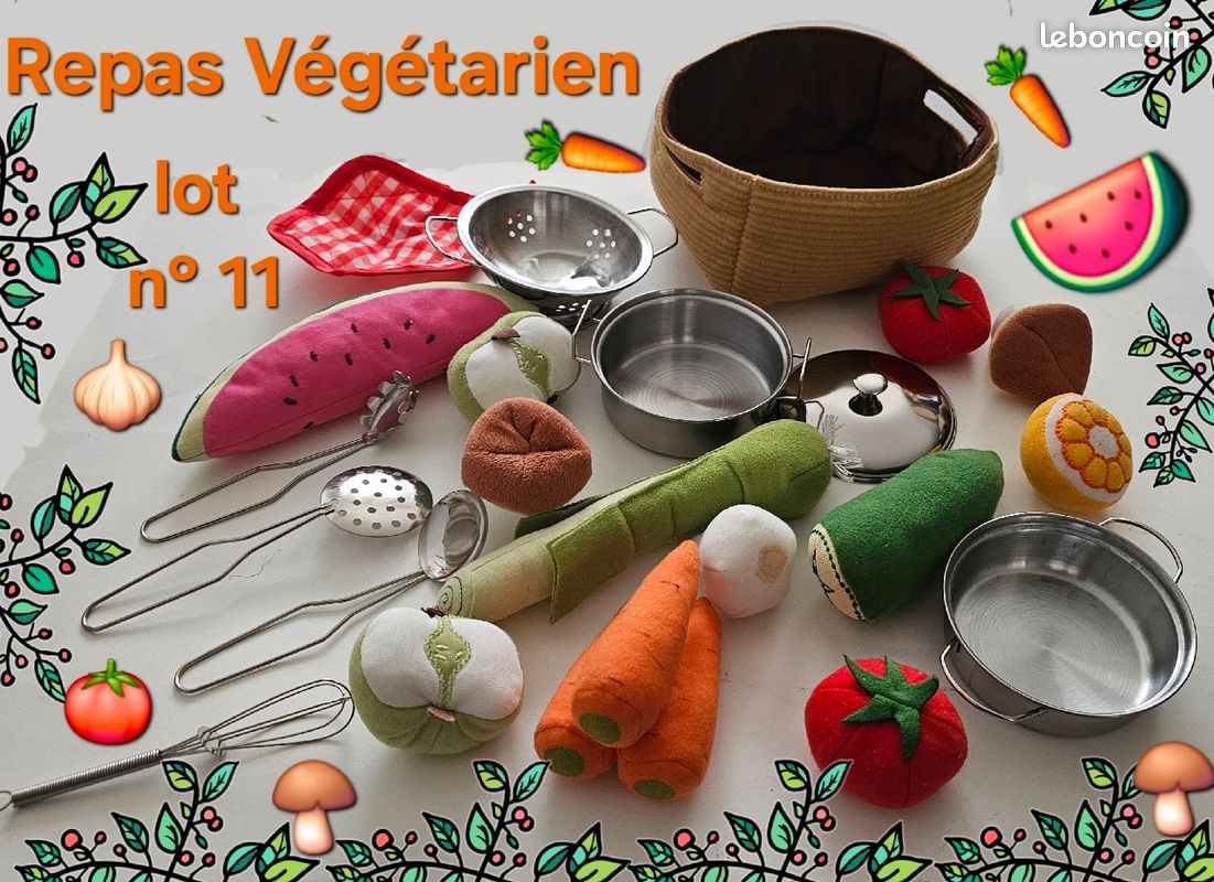 🍄🟫🍅🧄 lot n° 11 DÎNETTE jouets REPAS VÉGÉTARIEN cuisine INOX dinette TISSU - NEUF emballage- jti1 (image 1)