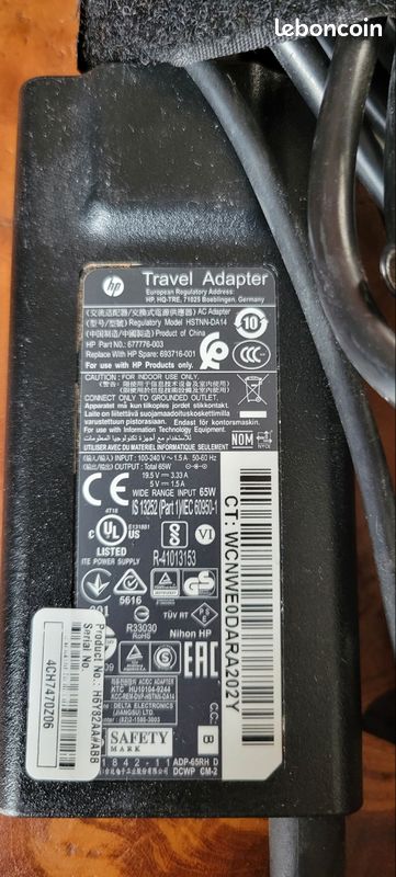 Chargeur Secteur Voyage Officiel HP 65W - 19.5V 3.33A, Pour PC Portables HP, Référence HSTNN-DA14 (Occasion)