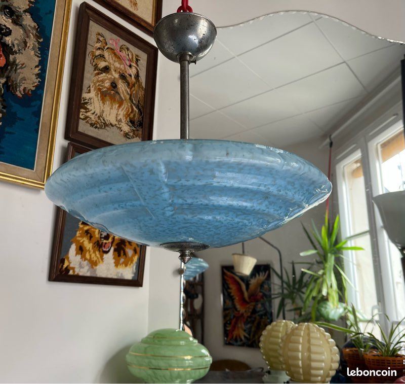 Grand plafonnier plateau Art Déco verre Clichy bleu (image 2)