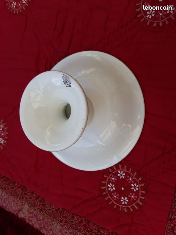 Coupe Assiette sur pied Faïence Onnaing Blanc Bleu Vintage Années 40 Ancien (image 4)