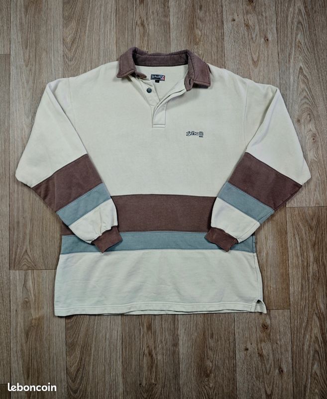 Sweat / Polo rugby à manches longues Vintage Schott NYC – Écru, marron et bleu – Taille L (image 1)