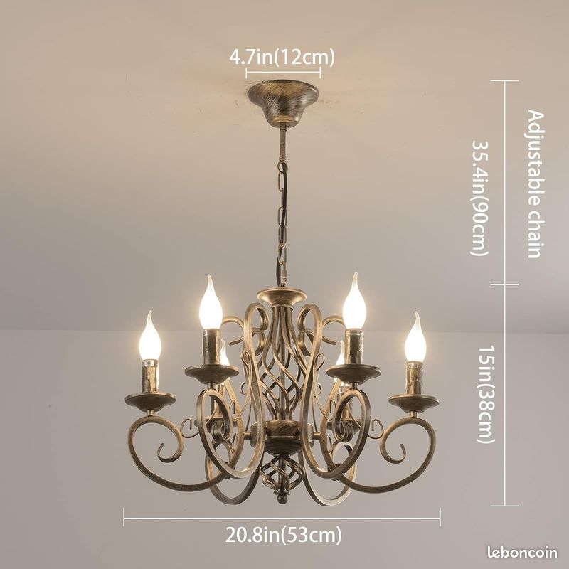 Ganeed Lustres de pays français, lustre en fer à bougie en bronze à 6 lumières, luminaire suspendu en métal Vintage éclairage suspendu pour îlot de cuisine, salle à manger, salon, Foryer (image 2)