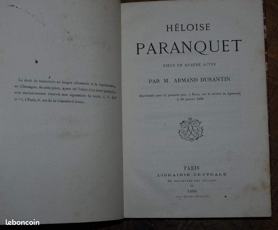 Héloïse paranquet pièce en quatre actes durantin (dumas fils) belle reliure d'époque 1861 théâtre (image 2)