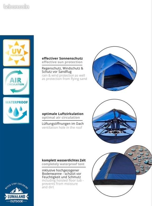 Lumaland Tente pop-up pour 3 à 4 personnes, dimensions intérieures 210 x 210 x 120 cm, résistante à l'eau et au vent, idéale comme tente de camping, de festival et de voyage