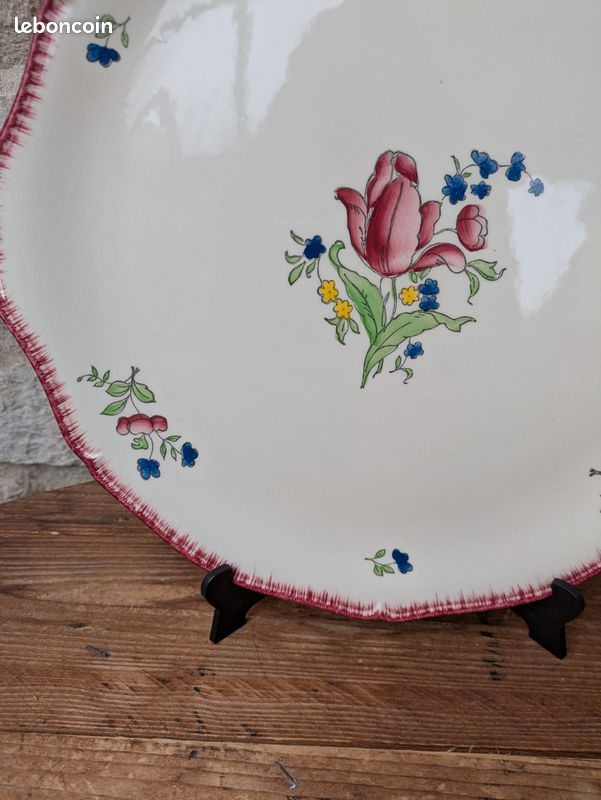 Plat à gâteaux Gien modèle Lorraine 30cm décor floral bordure bordeaux peint à la main (image 3)