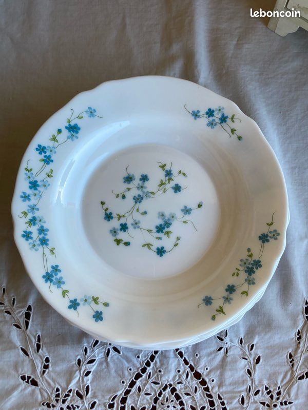 Lot 4 x assiettes creuses à soupe vintage Arcopal Myosotis