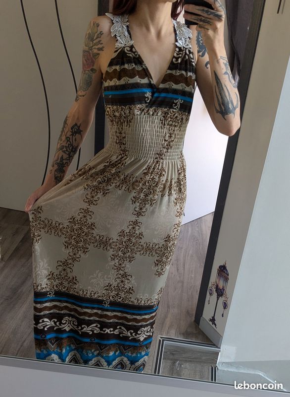 Robe longue d'été vintage imprimé motifs baroque dentelle Taille