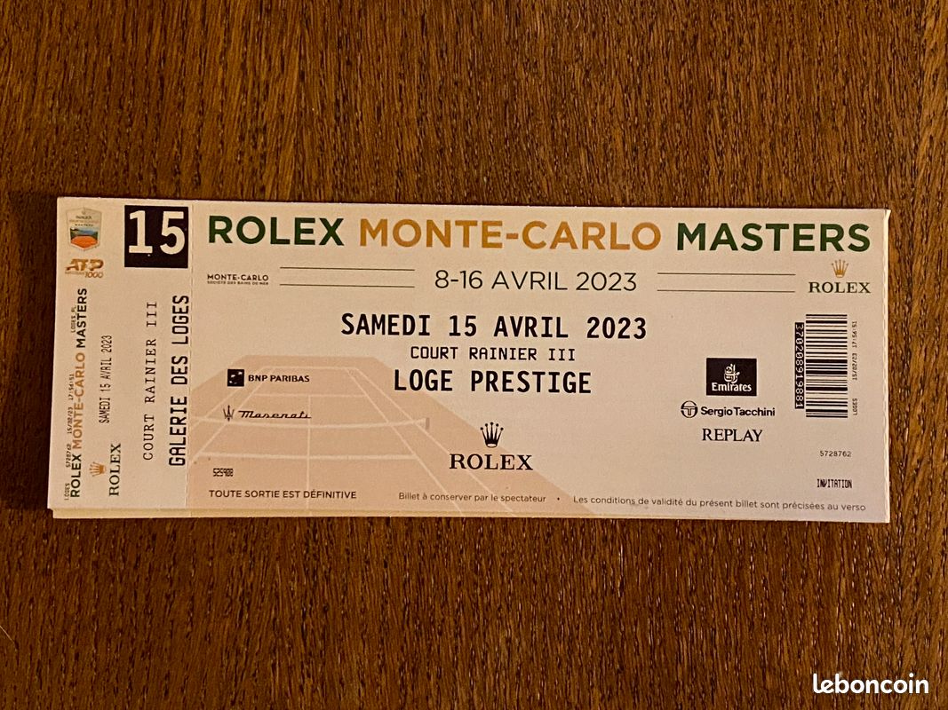 Ticket samedi 15 avril 2023 Demi-finales Rolex Monte-Carlo