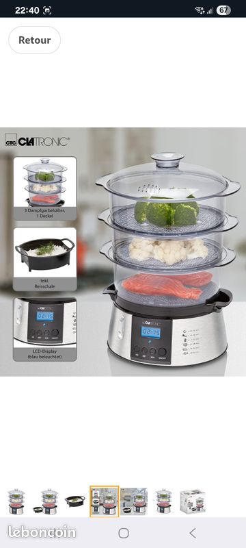 Cuiseur Vapeur Électrique Clatronic DG3547 - Cuiseur Riz 3 Compartiments Avec Minuterie