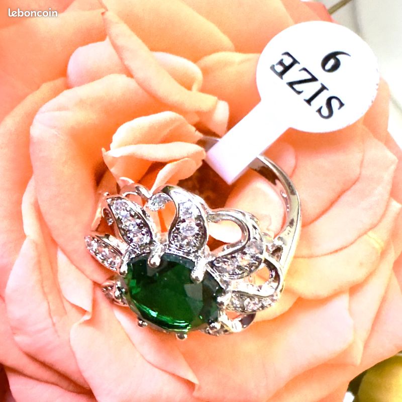 Bijou argent 925 bague anneau émaillée vert taille 55 ring