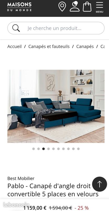 Canapé d’angle droit bleu canard en velours – convertible + coffre – 950  à débattre (image 1)
