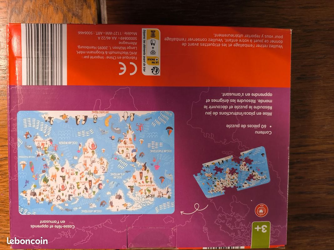 Puzzle carte du monde 60 éléments en bois (image 3)