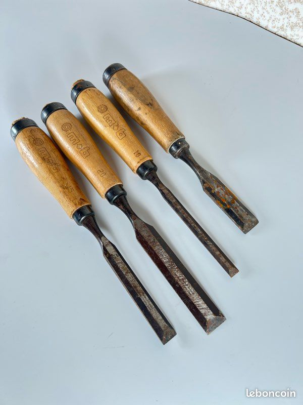 Lot 4 ciseaux à bois MOB, tailles 10 15 20 mm, outillage menuisier ébéniste, acier chrome français (image 1)