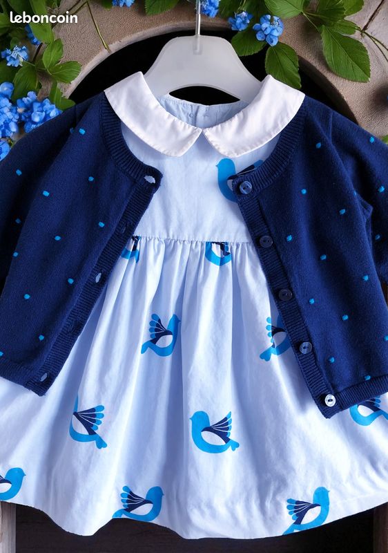 Jacadi - ensemble 3p bébé fille - robe, culotte & gilet motif tourterelles 6m (image 5)