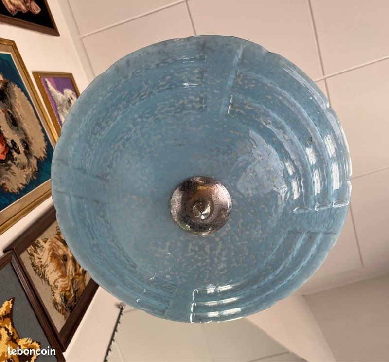 Grand plafonnier plateau Art Déco verre Clichy bleu (image 6)