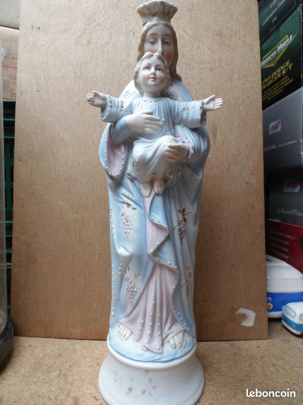 Statuette Vierge à L’enfant Couronnée En Biscuit Et Porcelaine Du XIXe Siècle - Occasion, à Nettoyer
