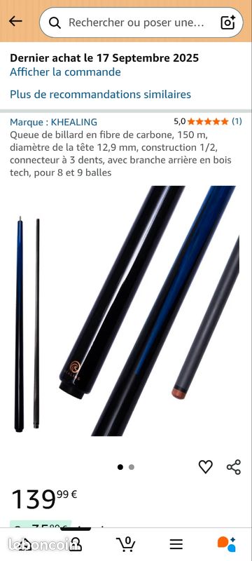 Queue De Billard Fibre De Carbone 150 Cm - Tête 12,9 Mm - 1/2 Avec Branche Arrière Bois Tech - 8 Et 9 Balles