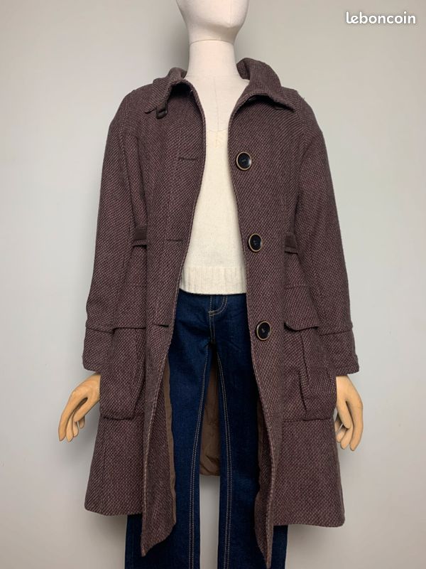 Manteau mi long en majorité laine chiné marron et violine Chattawak #chattawak (image 8)