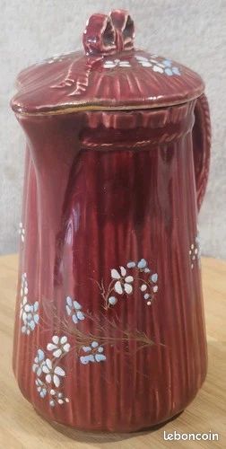 Ancien Rare Cafetière Rouge A Couvercle Barbotine Fleurs Émaillée KG LUNÉVILLE (image 5)