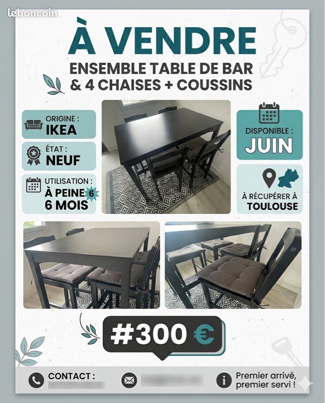 Table bar IKEA + 4 chaises + coussins – Quasi neuf – URGENT déménagement (image 1)