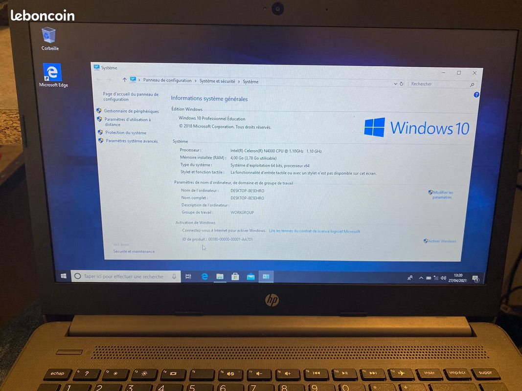 HP PC Portable 15,6"HD - Celeron N4000 - RAM 4Go - Stockage 128Go - Windows 10 - AZERTY (image 2)