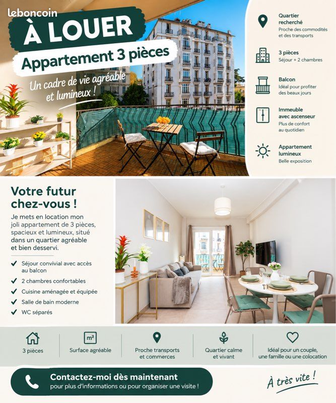 Appartement 3 pièces 55 m² · à Nice · 55 m² · 1 400 €/mois