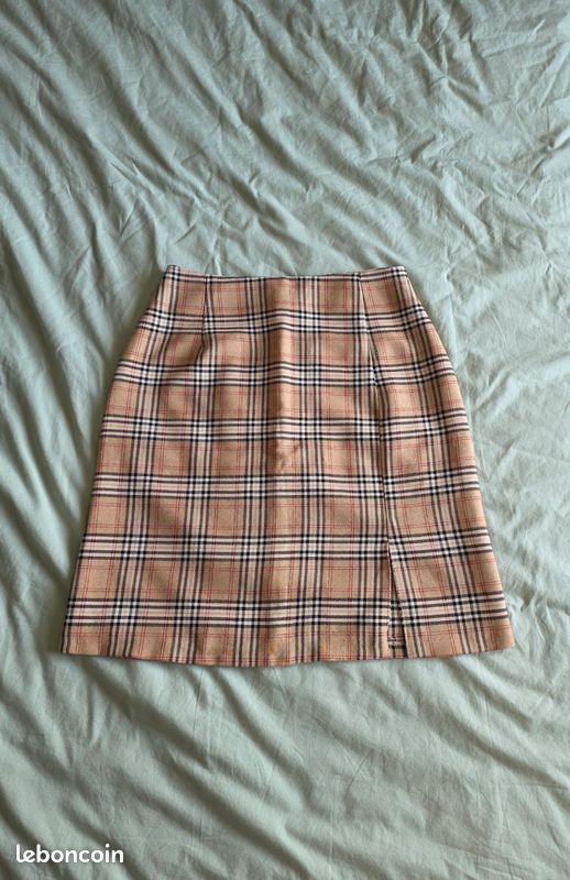 Jupe Crayon Noire Taille 34/36 - Motif Tartan Beige - Occasion Très Bon état