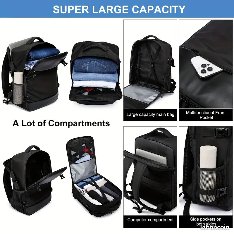 🔥 Valise cabine sac à dos avion 14" – bagage multifonction avec compartiment PC, prise USB, rando, voyage, sport, avion, court séjour, sac antivol, neuf, compact et léger (image 2)