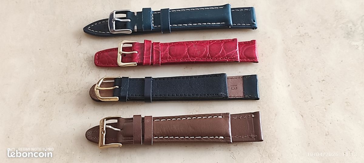 Lot De 3 Bracelets De Montre Cuir Vintage 18 Mm - Marron, Noir, Vert - France