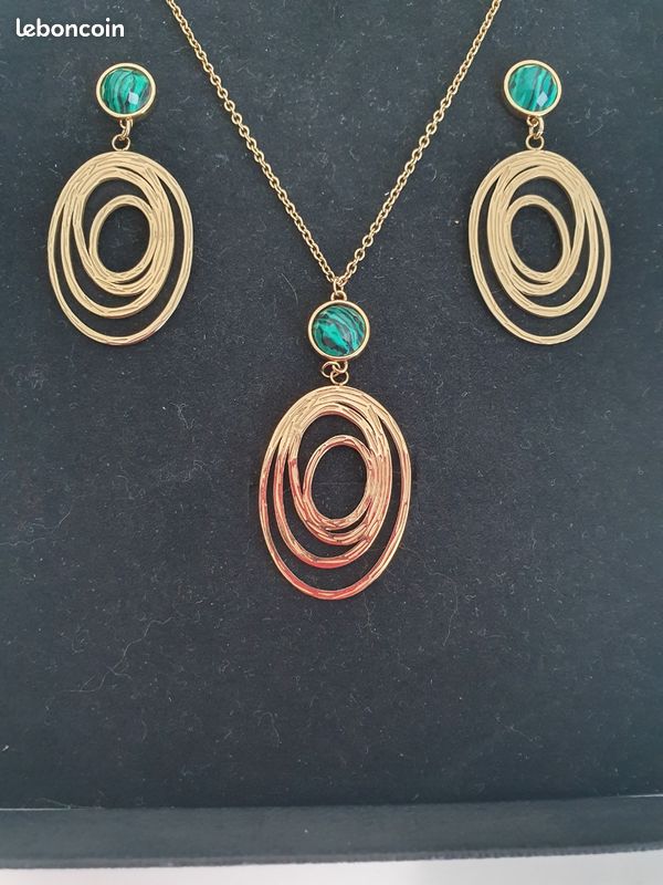 Parure Neuve collier pendentif et boucles d'oreilles Acier et Malachite (image 2)