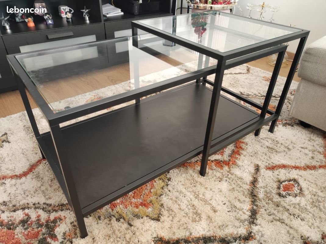 Tables gigognes, lot de 2, brun noir/verre, 90x50 cm (image 2)