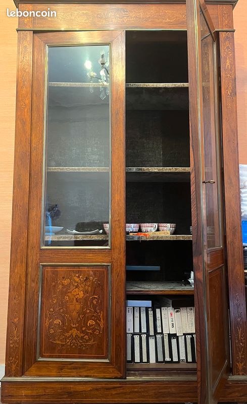 Bibliothèque Vitrine Napoléon III en palissandre et marqueterie de bois clair (image 5)
