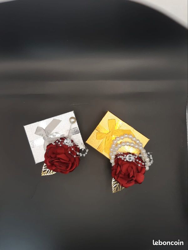Parrure Bracelet Boutonnière rose rouge perles (image 5)