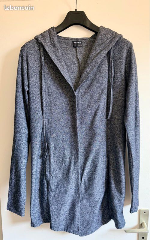 Gilet long à capuche Pull & Bear Gris chiné Taille 38 / M (image 1)