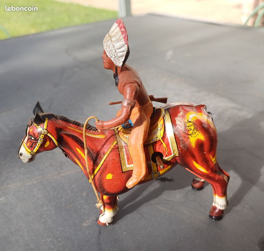 Jouet Ancien C R France - Attelage Cheval Tombereau Tôle Peinte 19 Cm Tin Toys