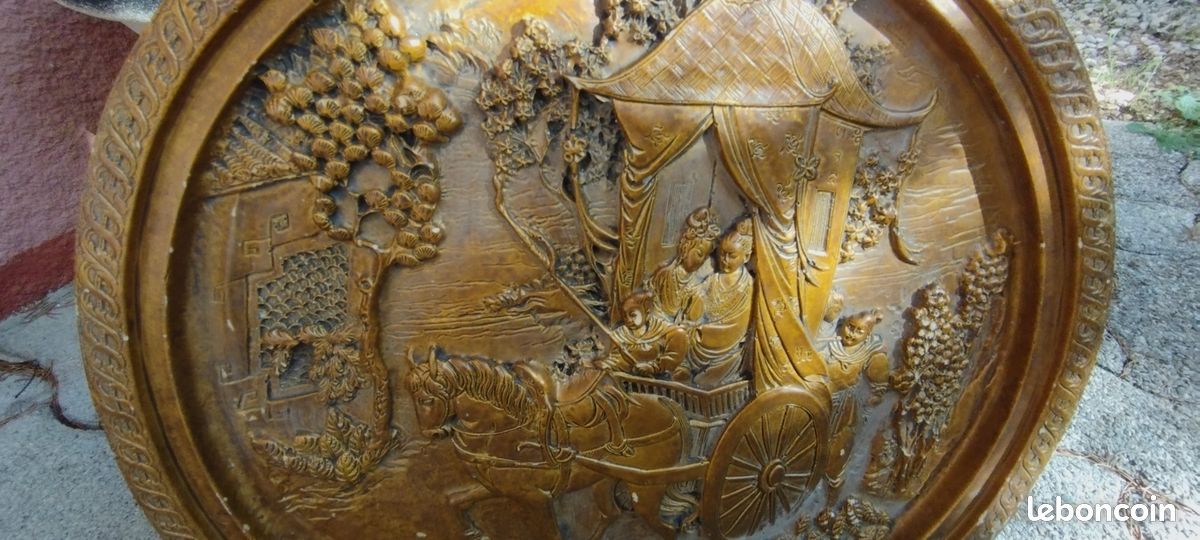 Plateau, bas-relief, décor asiatique, vintage, état satisfaisant (image 4)