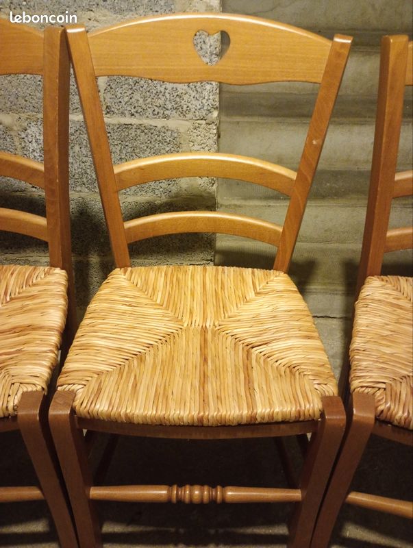 Lot de 4 chaises en bois et paille avec motif cœur (image 3)