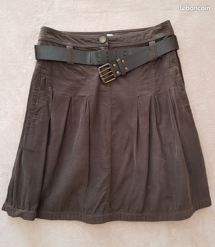 Jupe trapèze ample taille haute pour femme, Café avec ceinture, 36