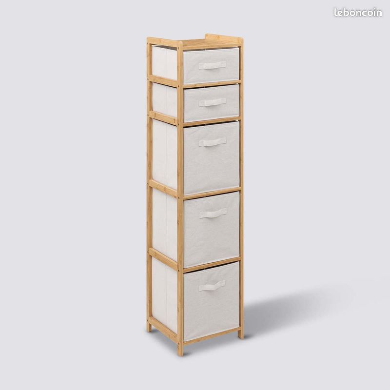 Meuble tiroirs colonne en bambou avec 5 paniers de rangement "TIDY BOX" (image 1)