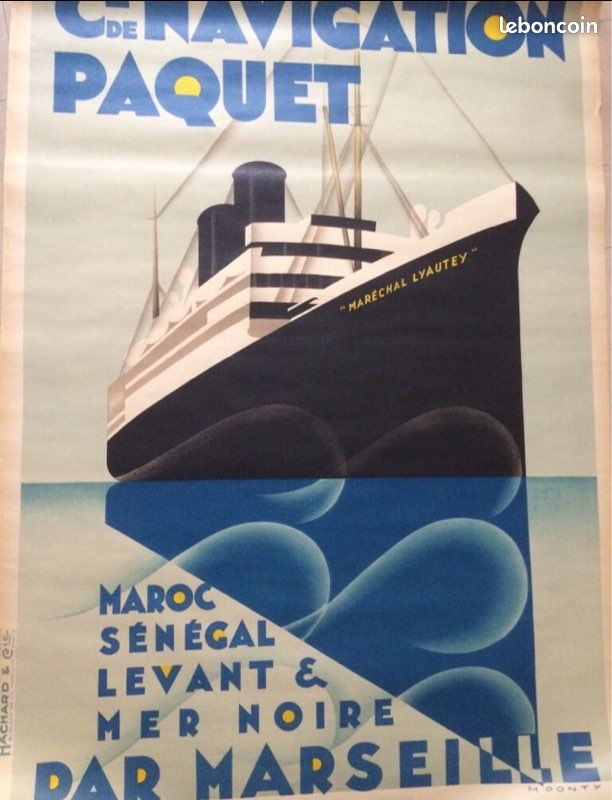 Affiche ancienne de bateaux de voyage de m.ponty circa 193o - compagnie navigation paquet (image 1)