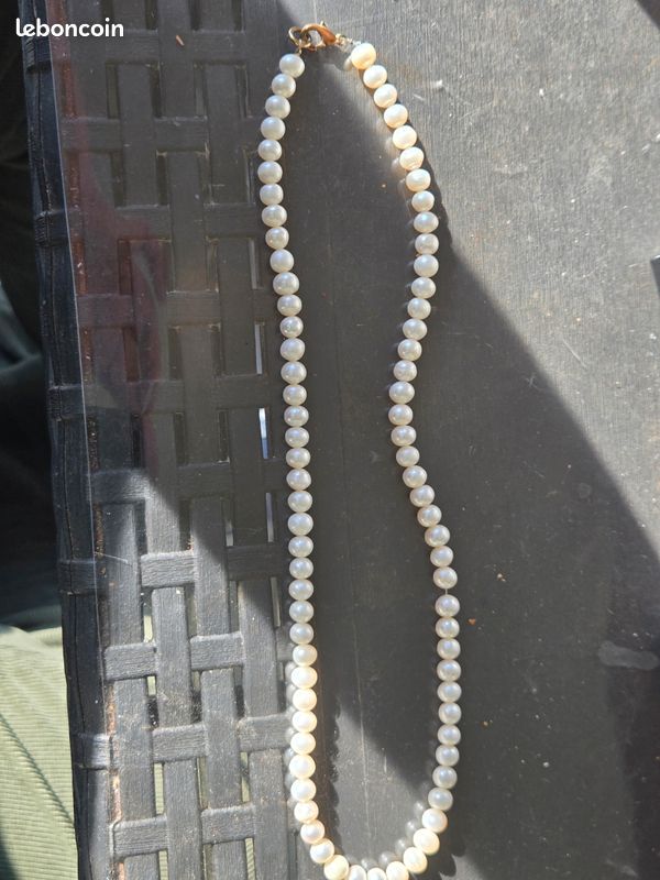 Collier Vintage Perles Porcelaine Beige & Mauve Avec Pampille Turquoise - Occasion