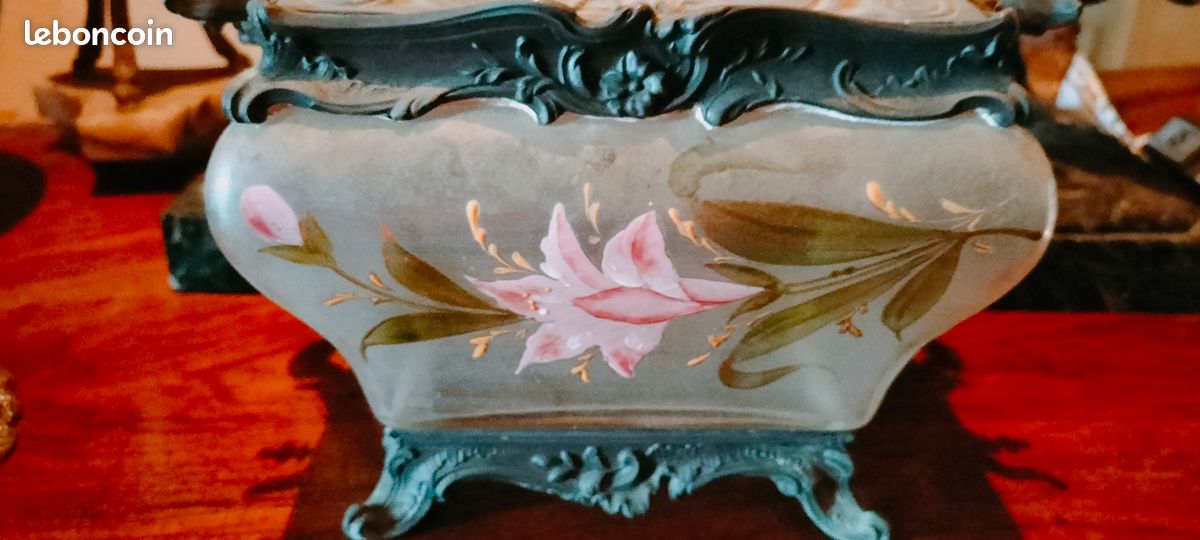 Magnifique Seau à biscuits en verre émaillé Legras pot rectangle monture Rocaille Louis XV / rare forme tombeau collection objet vitrine (image 2)