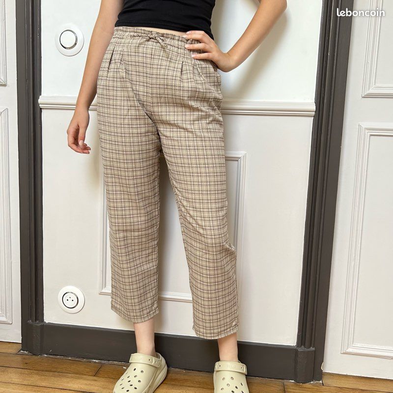 Pantalon Droit Pantalon Carreaux Beige Femme Pantalon Large à